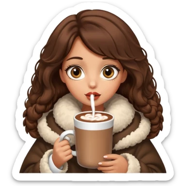 Tanned Girl with lashes , brown hair, in an extremely big fluffy oversized coat and hold hot chocolate drink and big eyes, big lip sticker