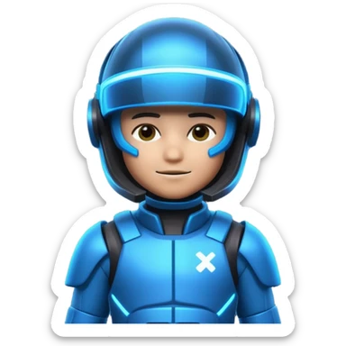 “Futuristic Roblox boy emoji, 2050 style. Blue neon visor, cyber helmet, metallic skin glow, hologram lines, tech-suit with glowing seams, soft neon background.” sticker