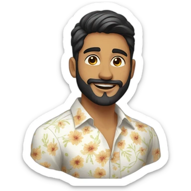 Indian 23 year old male with fair complexion with full beard,sharp nose, white floral shirt, winking  sticker