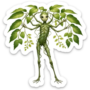 A slender bipedal creature with skin patterned like dappled sunlight through leaves, possessing elongated arms that split into multiple vine-like appendages capable of rapid growth and contraction.

 sticker