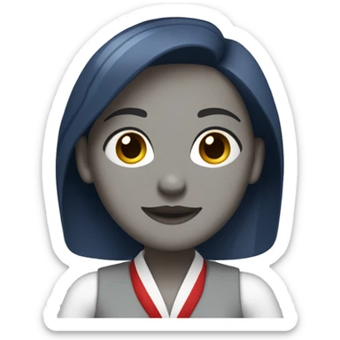 Flight attendant woman, back hair with a white shirt and light grey vest . The scarf is dark blue with a white and red stripe at the end sticker