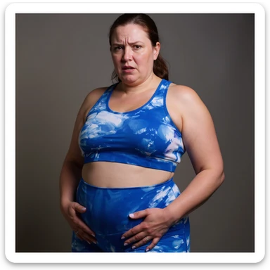 Realistic style woman in sportswear inspired by the reference photo, holding her bloated belly with both hands and showing an expression of annoyance, neutral background. sticker