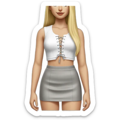 hyperrealistic caucasian female, long straight blonde hair, white lace up crop top, grey tight mini skirt sticker