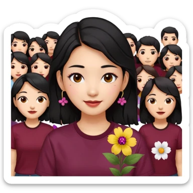A Korean woman with messy and stylish black hair, a flower in her ear and an iconic Y2K shirt maroon and brown hazel eyes, makeup sweetie,A Style Vibe in the Crowd sticker