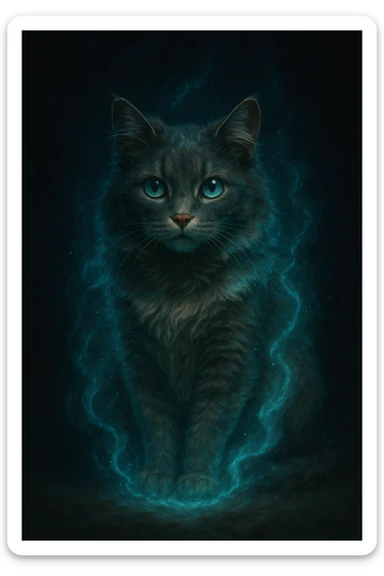 magical cat, realistic digital art style, magical aura, dark background sticker