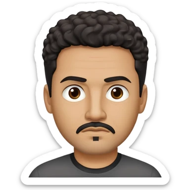 Hispanic man in his late 40s with tan skin. Square face with defined jawline. Serious expression with focused dark eyes. Black goatee with some gray. Short curly dark hair. Professional demeanor. Wearing a black shirt. sticker