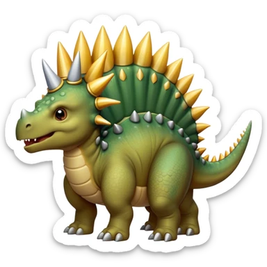 Cinematic Noble Stegosaurus Portrait Emoji, Poised and dignified, with a sturdy, low-slung body adorned by a distinctive row of bony plates along its back and a spiked tail, a small, determined head with observant eyes, Simplified yet sharply defined features, highly detailed, glowing with a soft, earthy radiance, high shine, intelligent and resolute, stylized with an air of ancient armored majesty, focused and alert, soft glowing outline, capturing the essence of a watchful and confident Stegosaurus that appears ready to lumber out of the screen with effortless authority! sticker