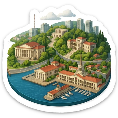 Изометричная, яркая, детализированная и фотореалистичная иллюстрация панорамы города Cочи на круглой подставке в стиле 3D-коллажей городов, ОДНО! здание Морского Порта, ОДИН! Зимний театр, санаторий Орджаникидзе, море чёткие линии, слегка мультяшная стилистика, прозрачный фон, не обрезать края картинки sticker