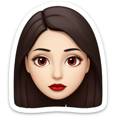 A woman emoji with fair skin, long straight dark brown hair parted in the middle, an oval-shaped face, arched dark eyebrows, almond-shaped brown eyes, a small nose, and full lips colored with deep red lipstick. sticker