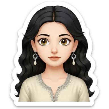 a pretty bratz fair girl with long wavy black hair, kajal under eyes, small silver hoop. ivory coloured kurti sticker