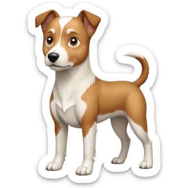 a full body large white parson russell looking dog the size of a kelpie with light brown flapped down ears and a light brown patch on one eye and a large snout sticker