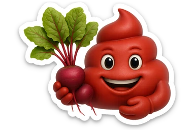 emoji stile iphone 3d di una cacca rossa con barbabietole in mano, iperrealistiche 4k sticker