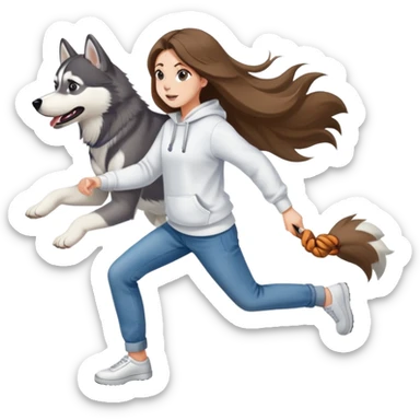 A beautiful girl with long hair wearing a white sweatshirt and jeans is chasing a husky sticker