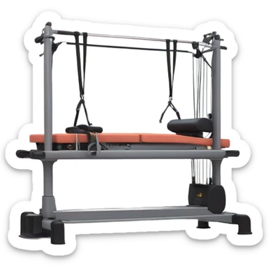 pilates reformer machine, with a grey bed and towers with straps that arent connected to the bed sticker