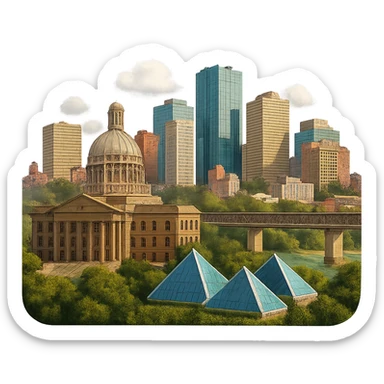 cinematic, realistic emoji of Edmonton, Alberta, featuring a skyline with iconic landmarks such as the Alberta Legislature Building, Muttart Conservatory, and the High Level Bridge, with lifelike detail, accurate colors, bright lighting, wide city view, fully transparent background, no text or labels sticker