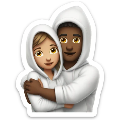 An emoji of a man wearing a white hoodie, standing next to his sister. He is hugging her warmly, showing a close sibling bond sticker