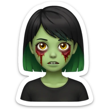 Emoji zombie girl verde com cabelo preto liso  curto com franja pro lado com uma blusa preta sticker