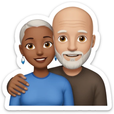 Talk bald white man with a white beard and blue eyes lovingly holding a black woman with brown eyes and grey hair sticker