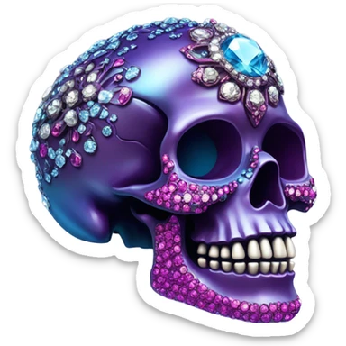 Realistic isolated metallic ornate dark purple,magenta,light blue,and hot pink filigree skull decorated with shiny diamonds and rhinestones.  sticker