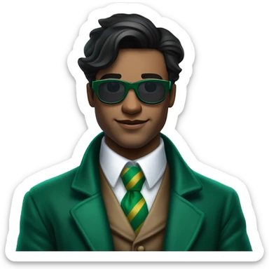 Onceler, a young man with dark hair and striking blue eyes, exudes charm in an emerald green coat, crisp white shirt, striped tie, and top hat. Emerald gloves and dark sunglasses frame his smirk. sticker