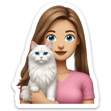 woman with long brown hair and pink shirt and holding a all white Siberian cat with blue eyes sticker