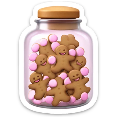 Realistic glass cookie jar with light pink lid full of gingerbread cookies isolated.  sticker