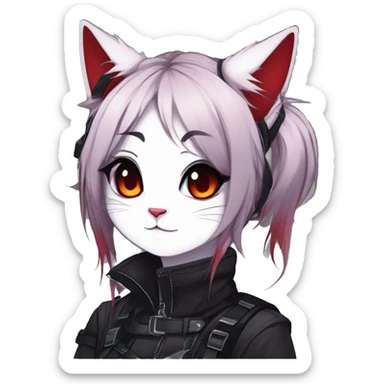 Gorgeous gothic dark techwear anime style anthro cat furry sona with blushing face aesthetic and pretty edgy black red punk messy ponytail hair with collar and harness trending style sticker