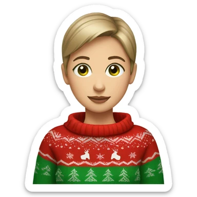 Light brown short haired girl with green eyes drinking coffee wearing red Christmas sweater sticker