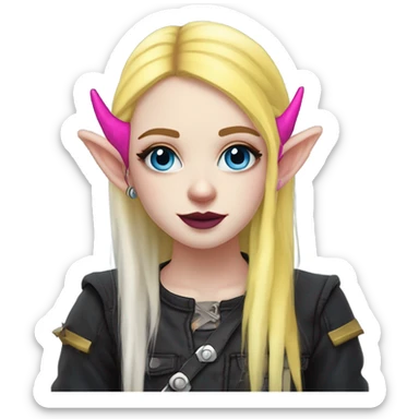 Blue eyed long eye lashes blonde  pale hime gyaru girl, hot pink and yellow split-dyed hair, nose ring, elf ears, dark makeup, punk clothes sticker