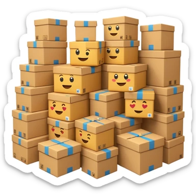 Generate a realistic emoji-style of a overfilled storage room where the packages dont have much space and everything seems chaotic and te packages are falling over sticker