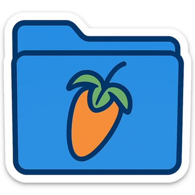Add the FL Studio logo as an emblem on the blue folder icon. The logo should be a stylized orange fruit with green leaves, clearly visible and recognizable. Maintain the folder's blue color and ensure the background is fully transparent. The style is flat and modern, prioritizing clarity and recognizability. sticker
