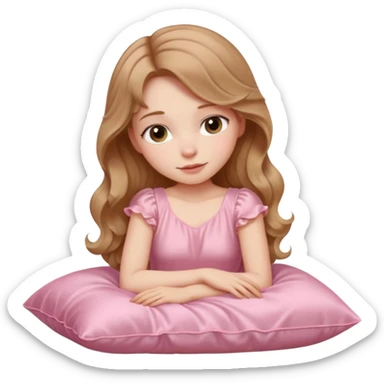 Sleeping beauty pale-skinned girl with light brown wavy hair, resting peacefully on a soft pink silk pillow on her side, wearing a pastel pink dress sticker