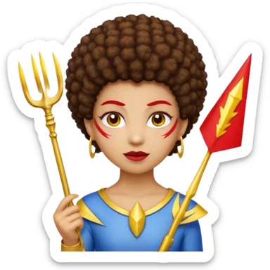Emoji metisse femboy mais plus masculin avec drapeau ukrainien arriere plan, un afro, sourcils rouge, fourche trident, et eclairs et sur fond bleu clair irrisé. Peau lightskin, yeux marron et cheveux marron bouclés mais en mode afro pixi cut sticker