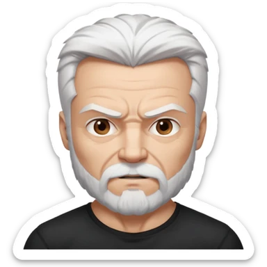 White haired muscled adult man with a black t-shirt. He has white beard with a long goatee. Dark brown eyes and some wrinkles. Attractive, Wolverine vibes. sticker