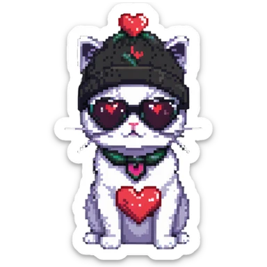 cat wearing a beanie and heart-shaped sunglasses sticker