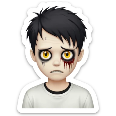 creepy zombie boy, black medium-length messy hair, emo, dark, spooky, white shirt, emoji style sticker
