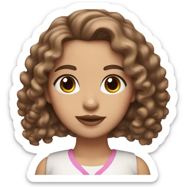 White girl with brown eyes and curly brown hair down to her shoulders with pink lips sticker
