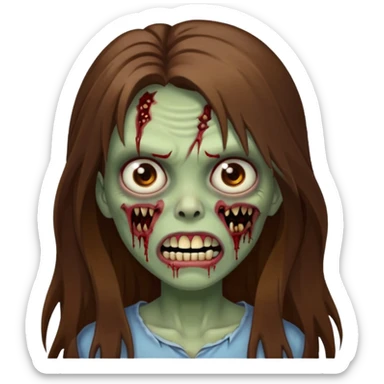 Girl zombie with brown long hair with teeth and serious face IOS 2019 style sticker