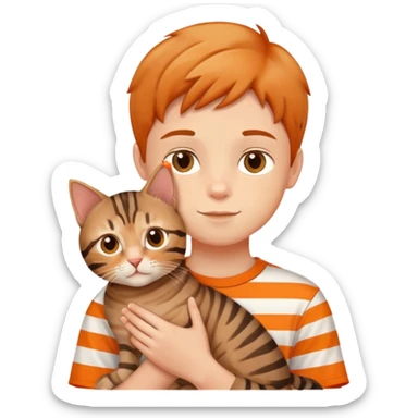 A young boy holding a cute tabby cat with orange and brown stripes sticker