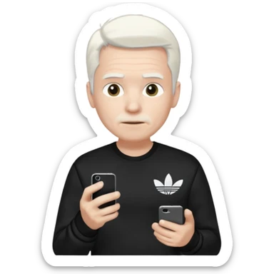 Hombre blanco con cabello blanco ropa negra Adidas y un teléfono en la mano derecha viéndolo sticker
