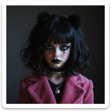 BLACKPINK inspired goth emoji, photorealistic style, black velvet, heavy black makeup, shadowy lighting, intense expression, pink gothic clothes sticker