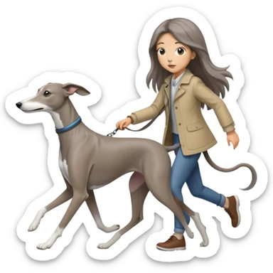 Japanese girl with flowing hair walking a solid grey greyhound with no white markings sticker