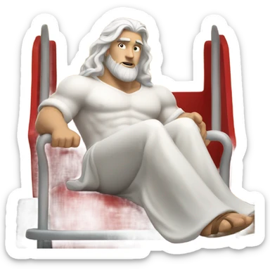 white man Poseidon driving red truck. long white hair white dress sticker