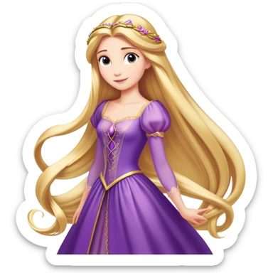 Cinematic Majestic Rapunzel Portrait Emoji, rendered in a clean, vector-style with bold, simplified shapes. Show Rapunzel with a serene, graceful expression, luminous fair skin, and elegantly styled long golden hair, accented by her classic purple gown. The design radiates a majestic, dreamlike glow with high shine and a soft glowing outline, embodying regal beauty. sticker