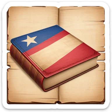 Elegant aged book with the Puerto Rican flag embossed on the cover, wooden theater stage symbol, vintage textured cover with warm wood and parchment tones, slightly glowing, representing the eternal legacy of scenic design in Puerto Rico sticker