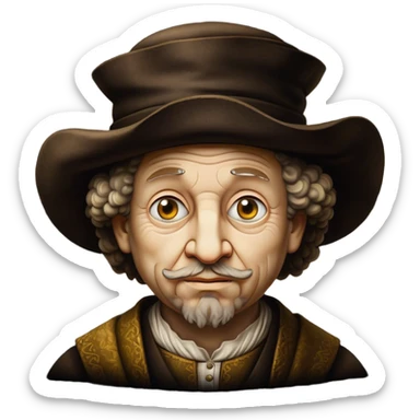Cinematic Realistic Rembrandt Portrait Emoji, depicted as a master painter with deep reflective eyes and dramatic chiaroscuro, rendered with intricate textures and moody historic lighting that captures his timeless artistry. sticker