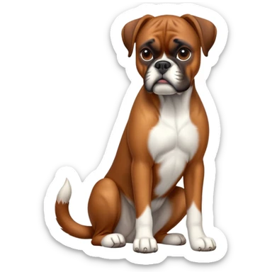 cinematic-[boxer dog]-realistic-full-body-sitting-emoji,-tail-resting-loosely-beside-its-paws,-head-tilted-dramatically,-sleek-[brown]-fur,-simplified-yet-realistic-focused-features,-highly-detailed,-glowing-with-an-almost-sarcastic-glow sticker