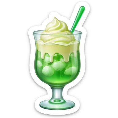 Create an emoji with a clear rounded glass, bright transparent green soda, vanilla ice cream scoop
 sticker