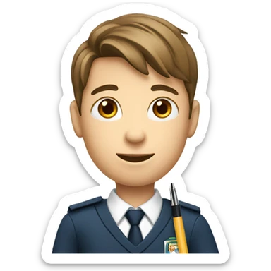 school boy in uniform holding a pen sticker