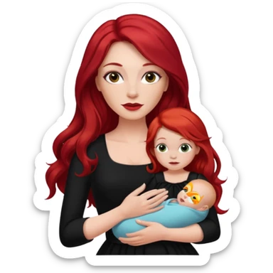 White woman in black dress with long red hair and makeup holding one baby sticker